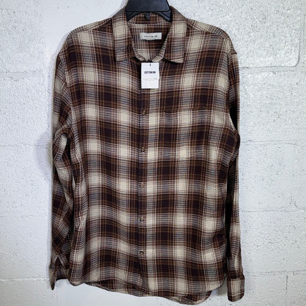 Cotton on Men's Boston Long Sleeve Shirt Brown Waffle Check, Medium $50